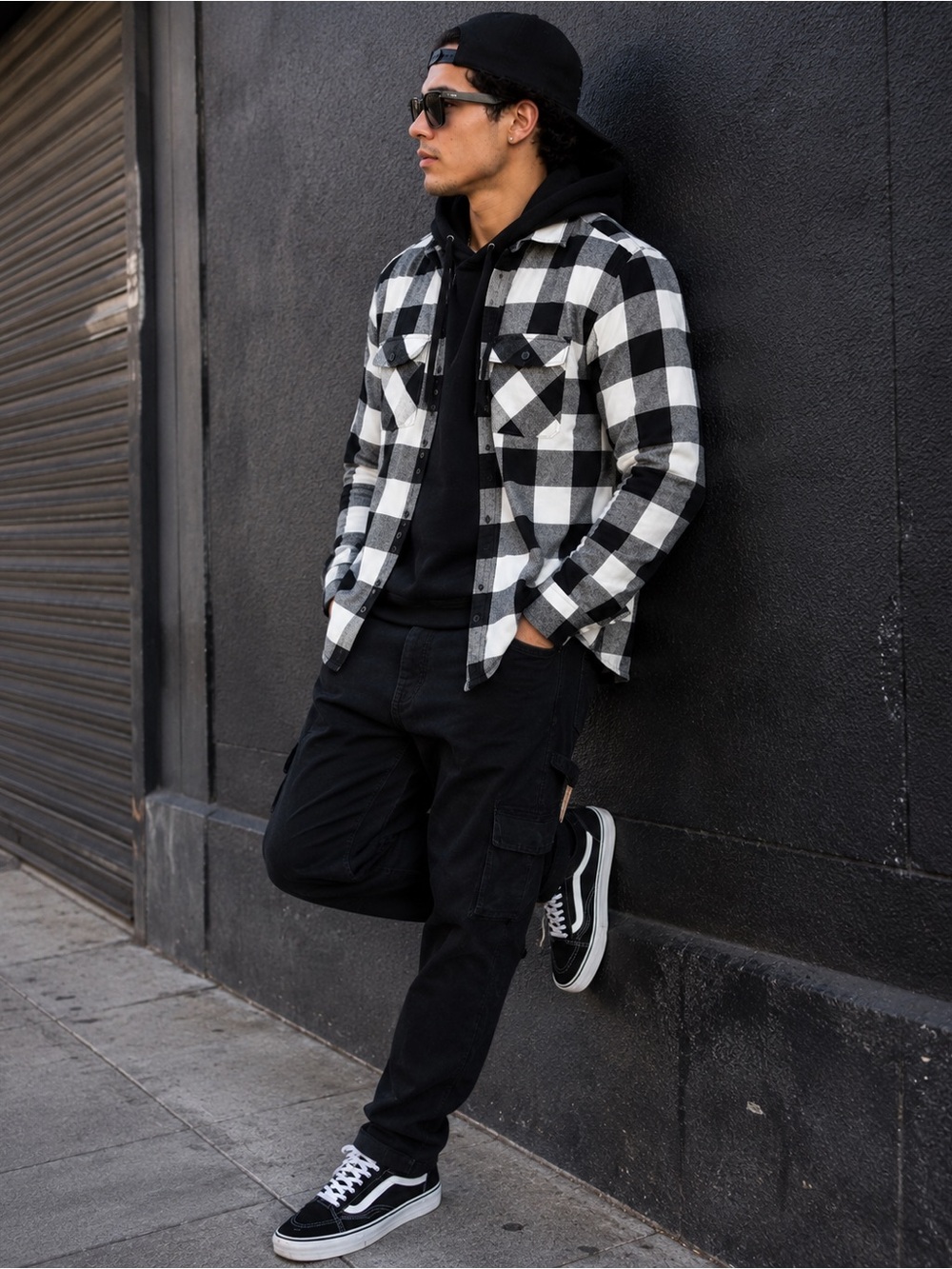 Empyre Hooded Buffalo Plaid Flannel Shirt Jacket Black White Large Skater